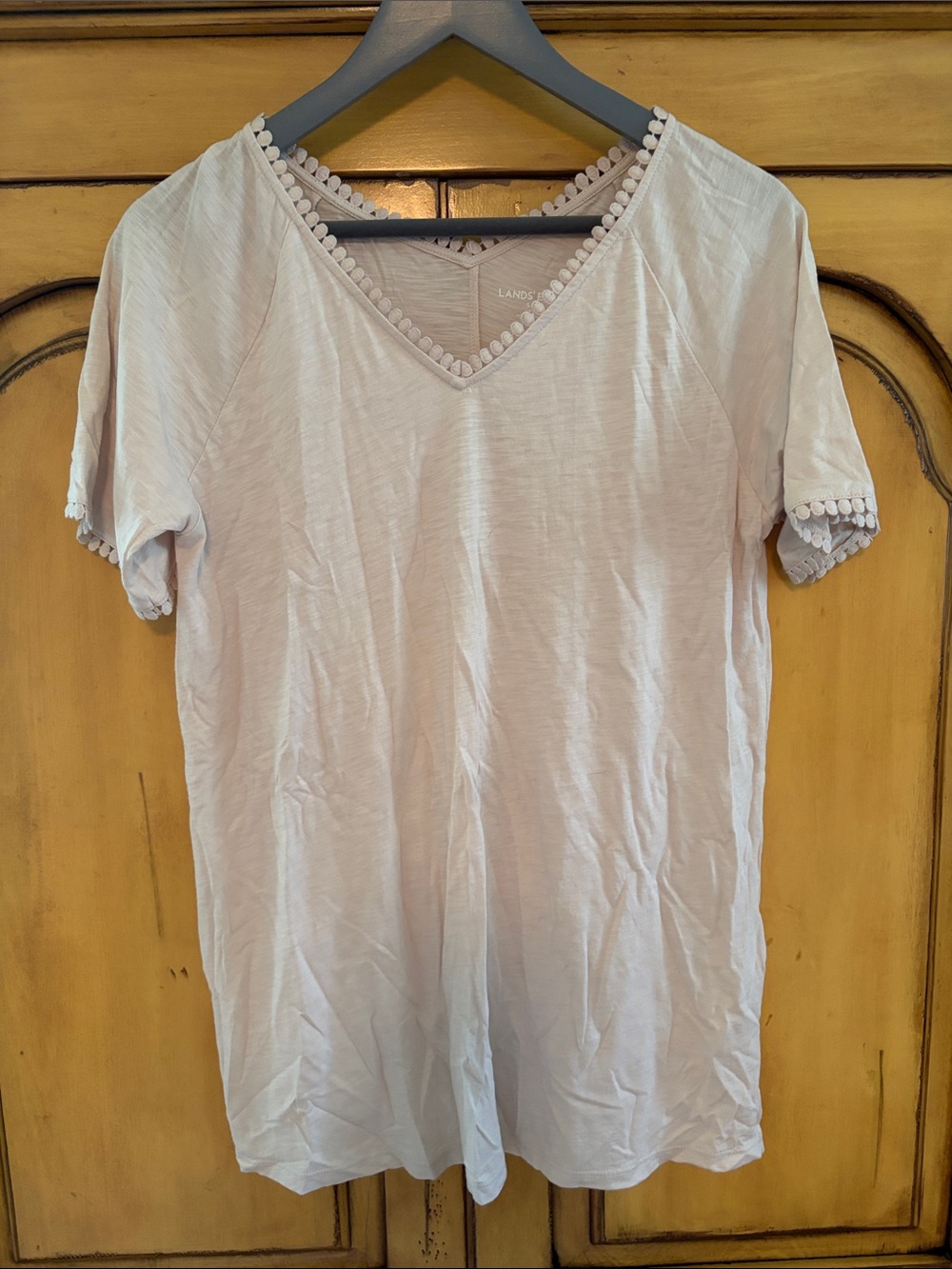 Lands' End Cream V-Neck Short Sleeve Top with Pom Trim
